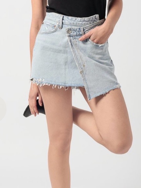 Agolde Dresses & Skirts - AGOLDE Criss Cross Asymmetrical Denim Mini Skirt Light Wash Distressed Size 28